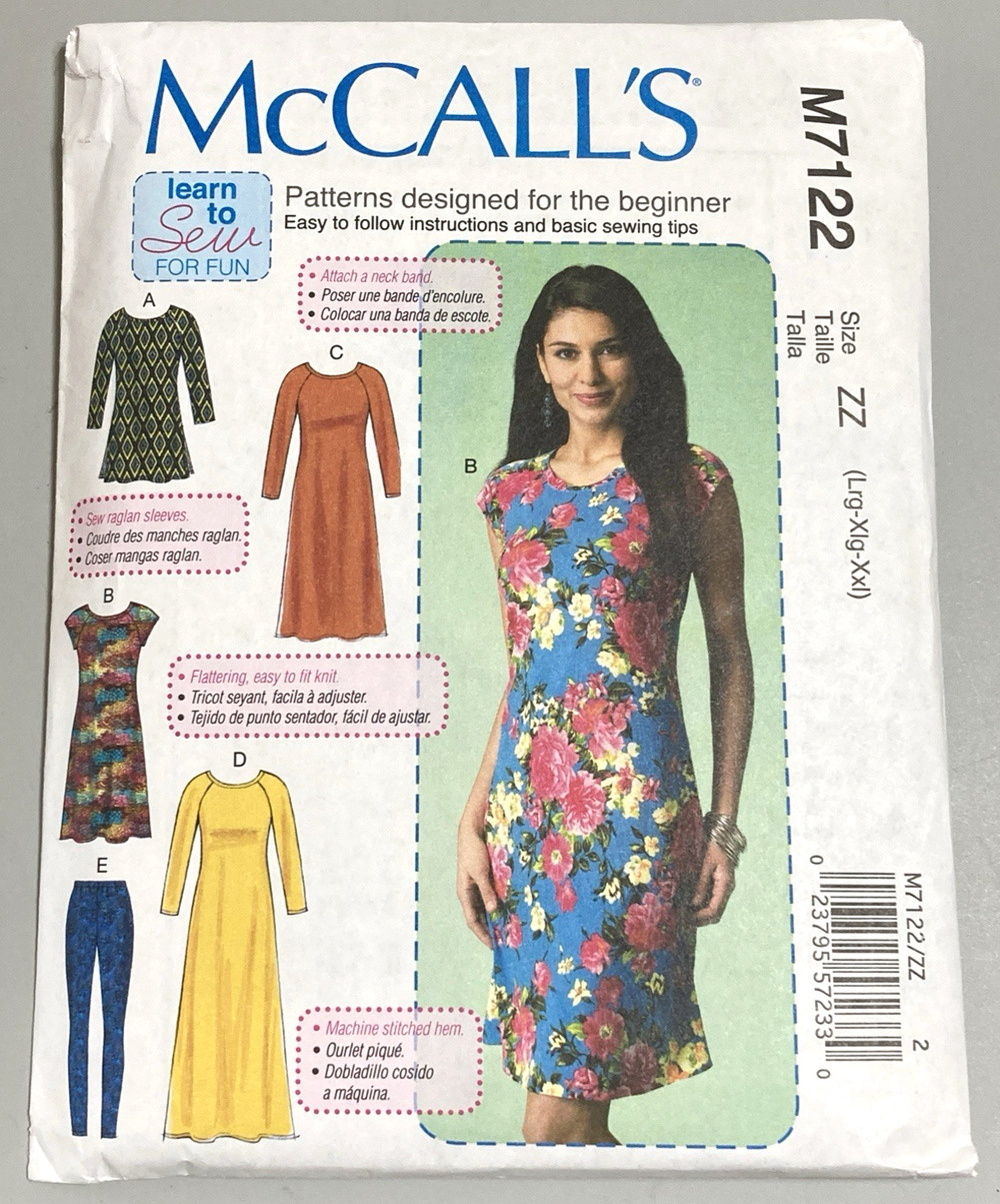 McCall M7122 Learn to Sew Tunic~Dress ~Leggings Knit Stretch L-XXL 16-26 UNCUT